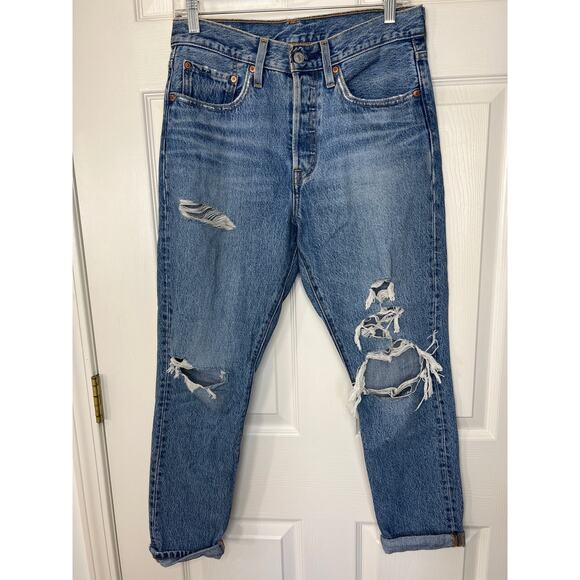 Levi’s Skinny 501 Original Destructed Blue Denim Jean Women's 27 Capsule Summer - Picture 1 of 11